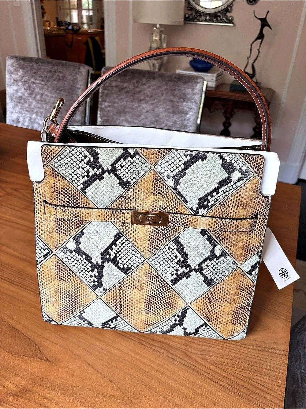 Tory Burch Small Lee Radziwill Snake-Embossed Double Bag Brown & White